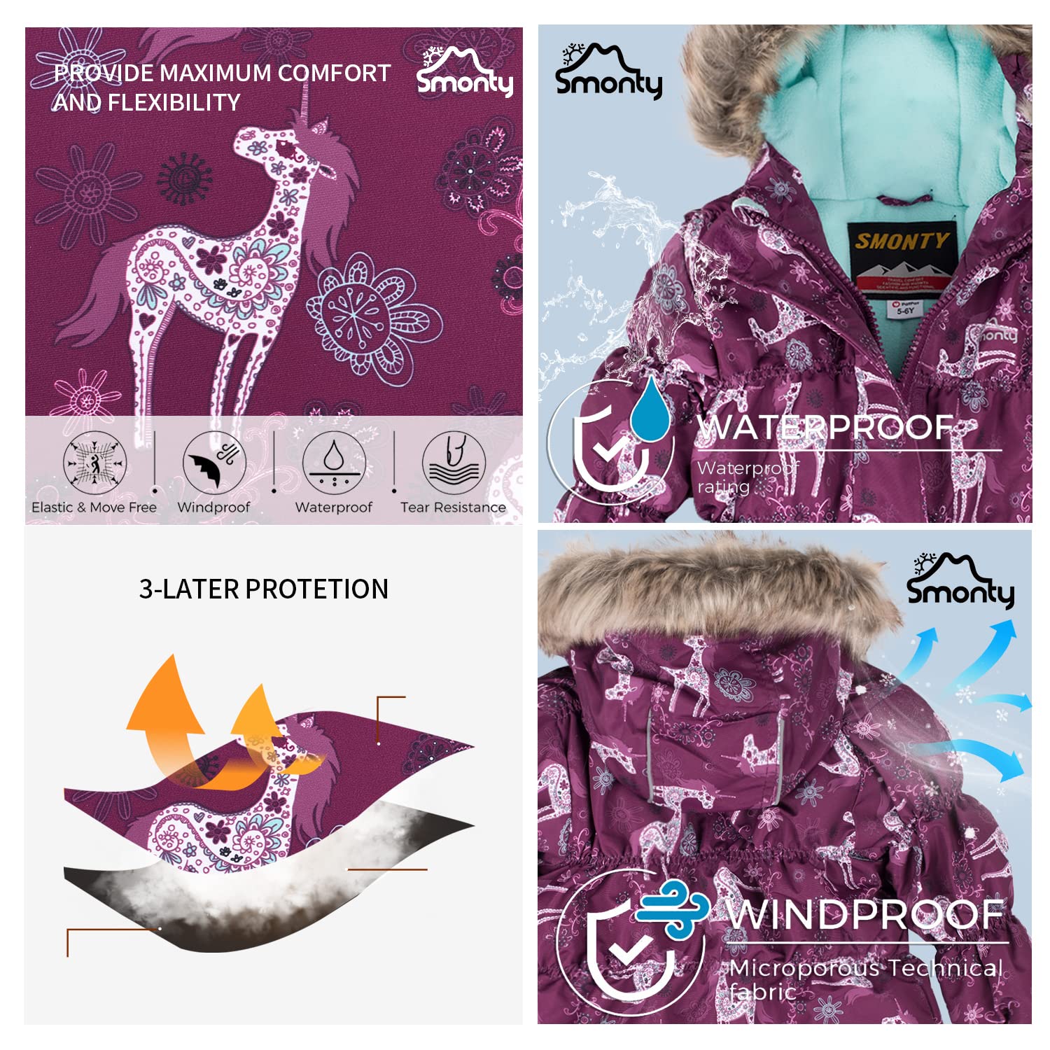 SMONTY Tuta da Neve per Bambini per Ragazze Giacca da Sci Invernale e Pantaloni Set Cinghie con Cappuccio Set Antivento Impermeabile Caldo (Viola, 4-5)