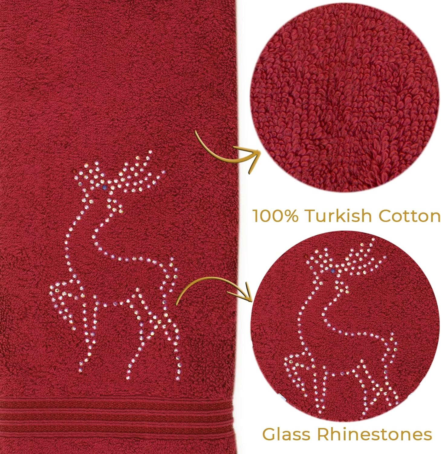 Sparkles Home Reindeer Hand Towel, Durable, Sparkling Rhinestones on Cotton Terry Cloth, for Festive Holiday Kitchen or Bath Decor, Taupe, 16x30, Sold Individually