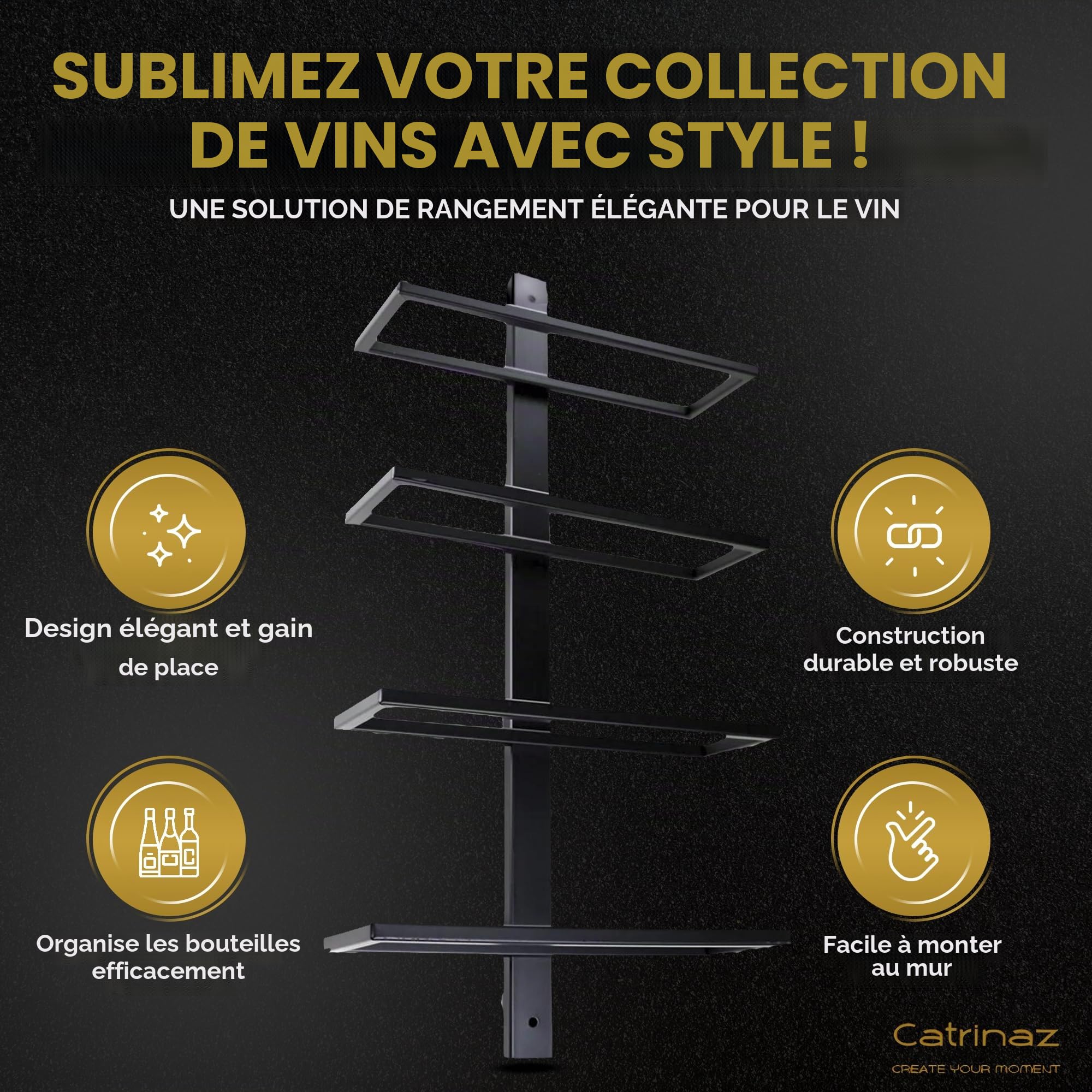 Porte-Bouteilles Mural pour 4 Bouteilles – Casier à Vin en Acier Noir Mat – Design Industriel – Gain de Place & Décoratif