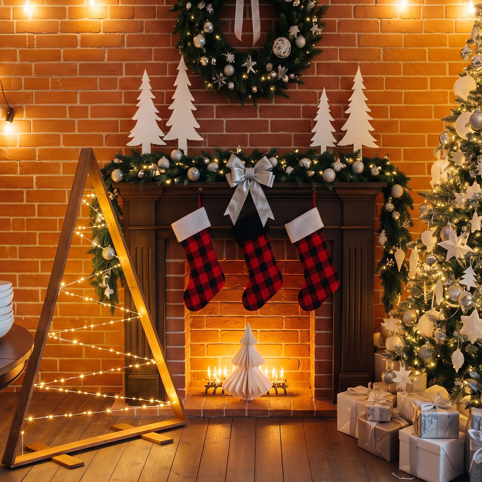 Tuanse Grand sapin de Noël lumineux en bois de 1,2 m avec fil de cuivre de 20,1 m, cadre en bois lumineux rustique pour cheminée, porche, cour, terrasse, jardin, piles non incluses