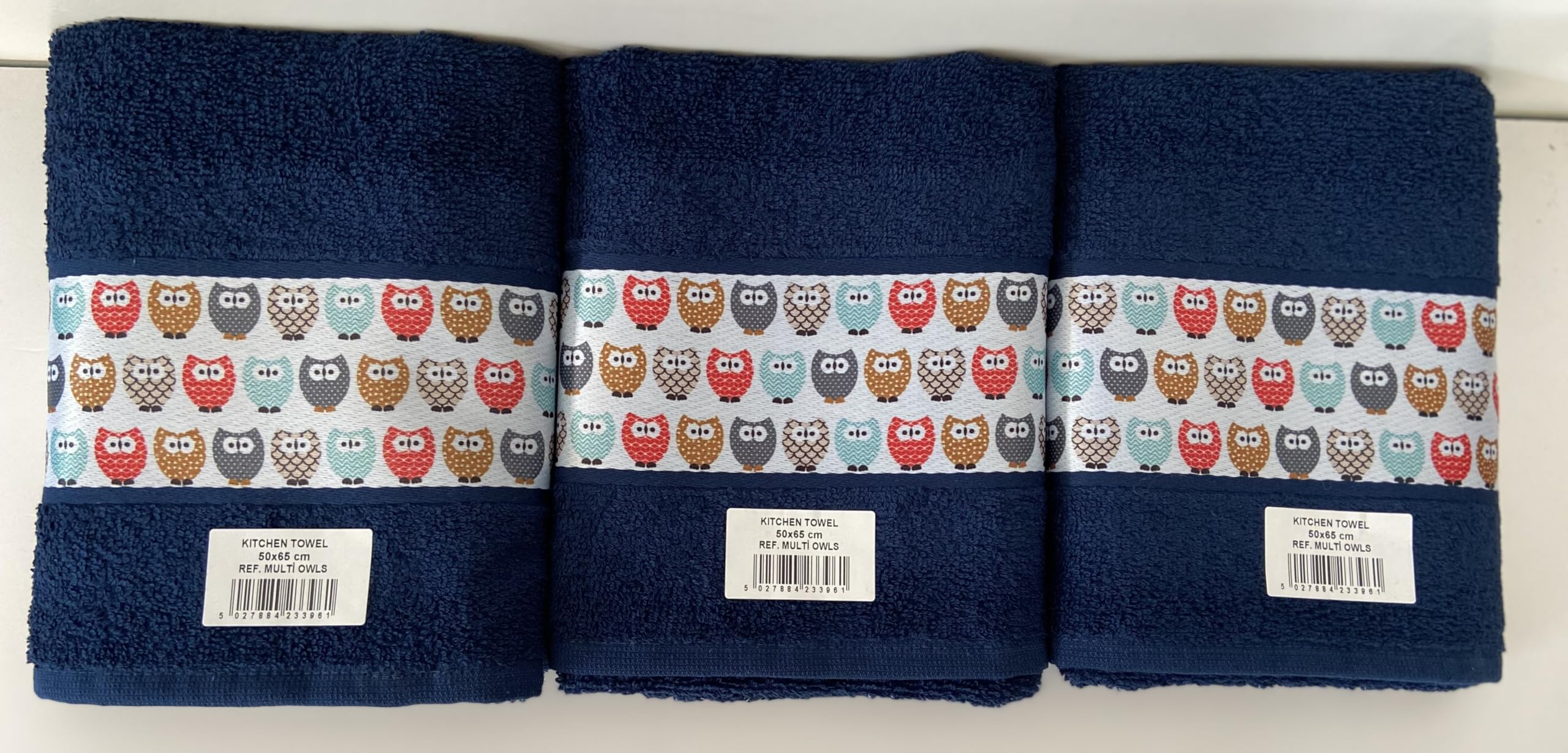 Jansons 100% Cotton Three Pack of Multi Coloured Owls Kitchen Tea Towels in Navy Blue 50cm x 65cm