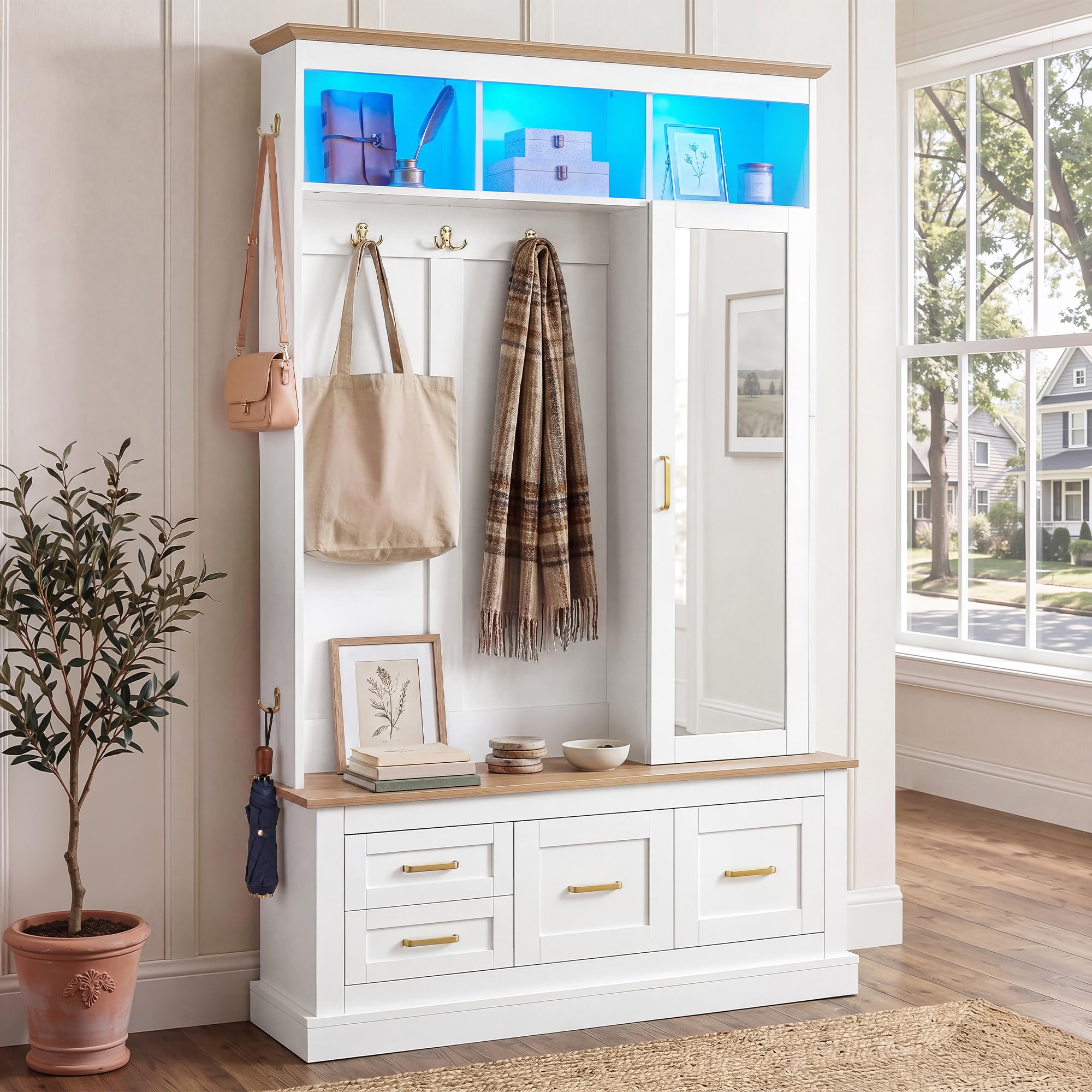 Perchero compacto con espejo, banco, zapatero, gancho, perchero, cómoda con puerta de espejo, juego de muebles de pasillo, armario para pasillo, armario para pasillo, color blanco