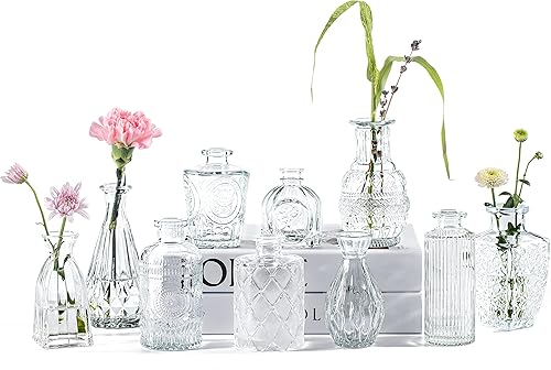 Jarrones pequeños vintage para flores, juego de 10, jarrones mini de botones para flores, jarrones pequeños transparentes a granel para centros de