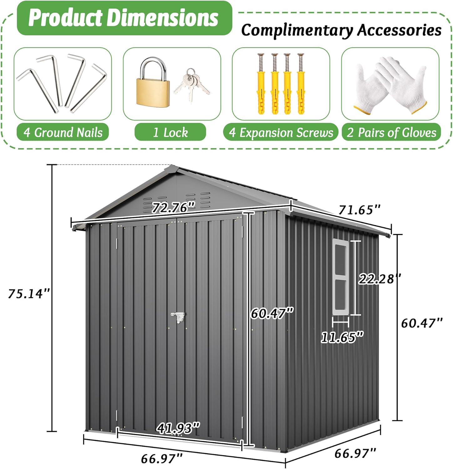 6x6 FT Outdoor Storage Shed with Lockable Doors & Sloping Roof & Clear Window & Floor Frame, Galvanized Steel Metal Garden Tool Shed for Backyard, Patio, Poolside