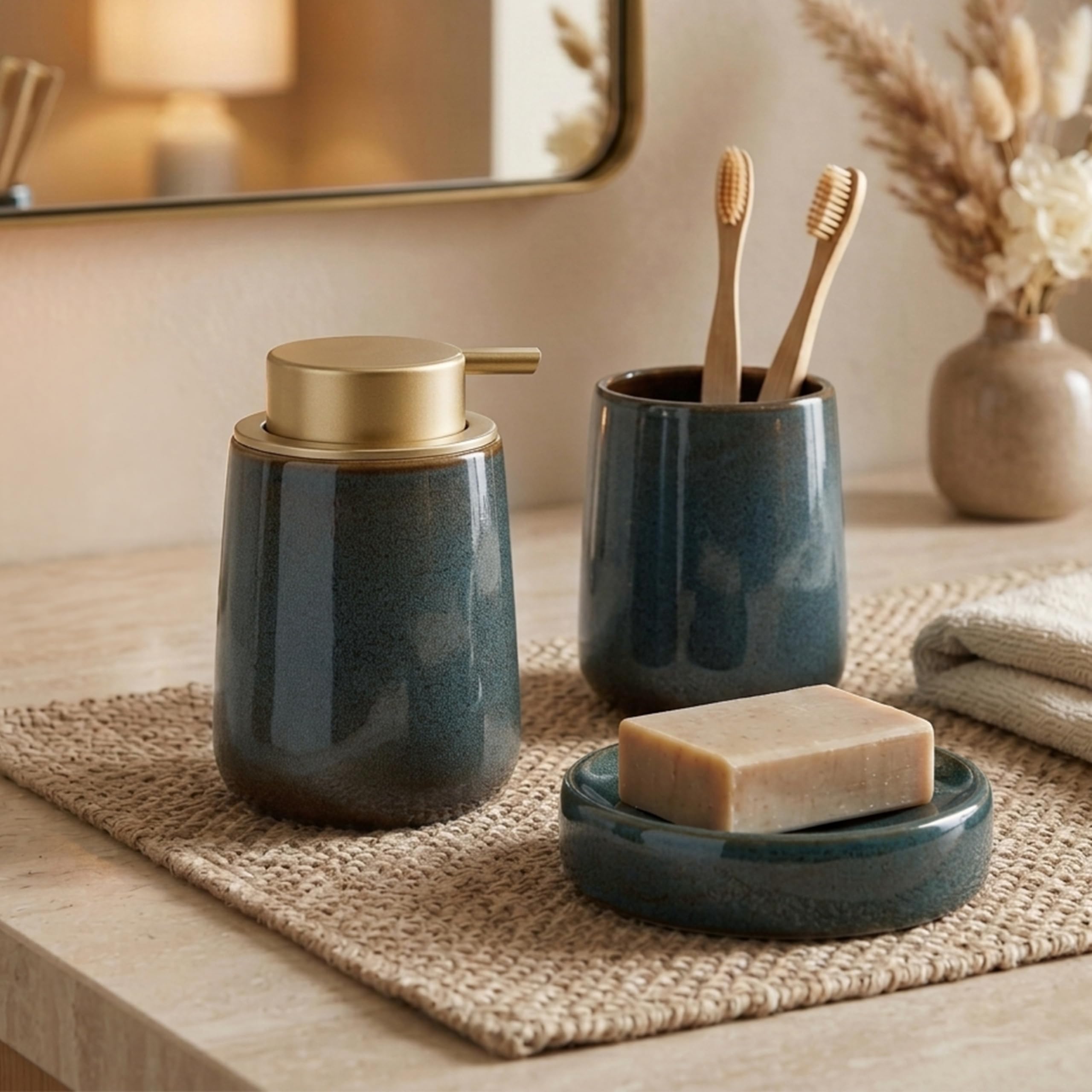 Birch & Co. Premium Handwash Dispenser - Liquid Soap Dispenser for Wash Basin - Ceramic Soap Dispenser - 400 ml Soap Dispenser, Toothbrush Holder & Soap Dish, Modern Countertop Organizer,DeepTeal-image-5