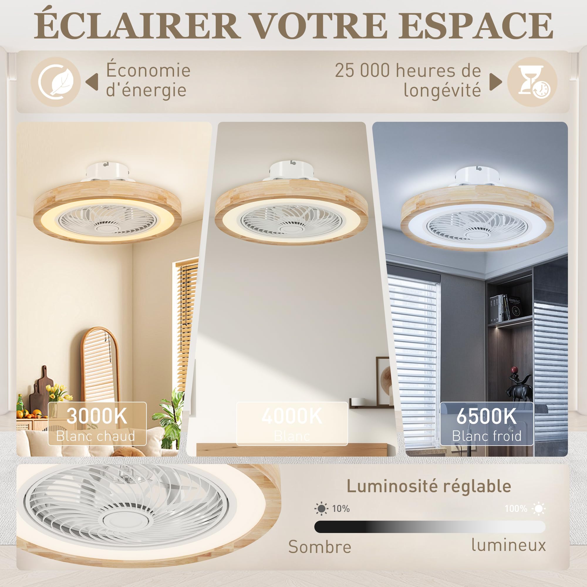HOMCOM Ventilateur Plafond Réversible LED RGBW 50 cm Effet Bois Naturel