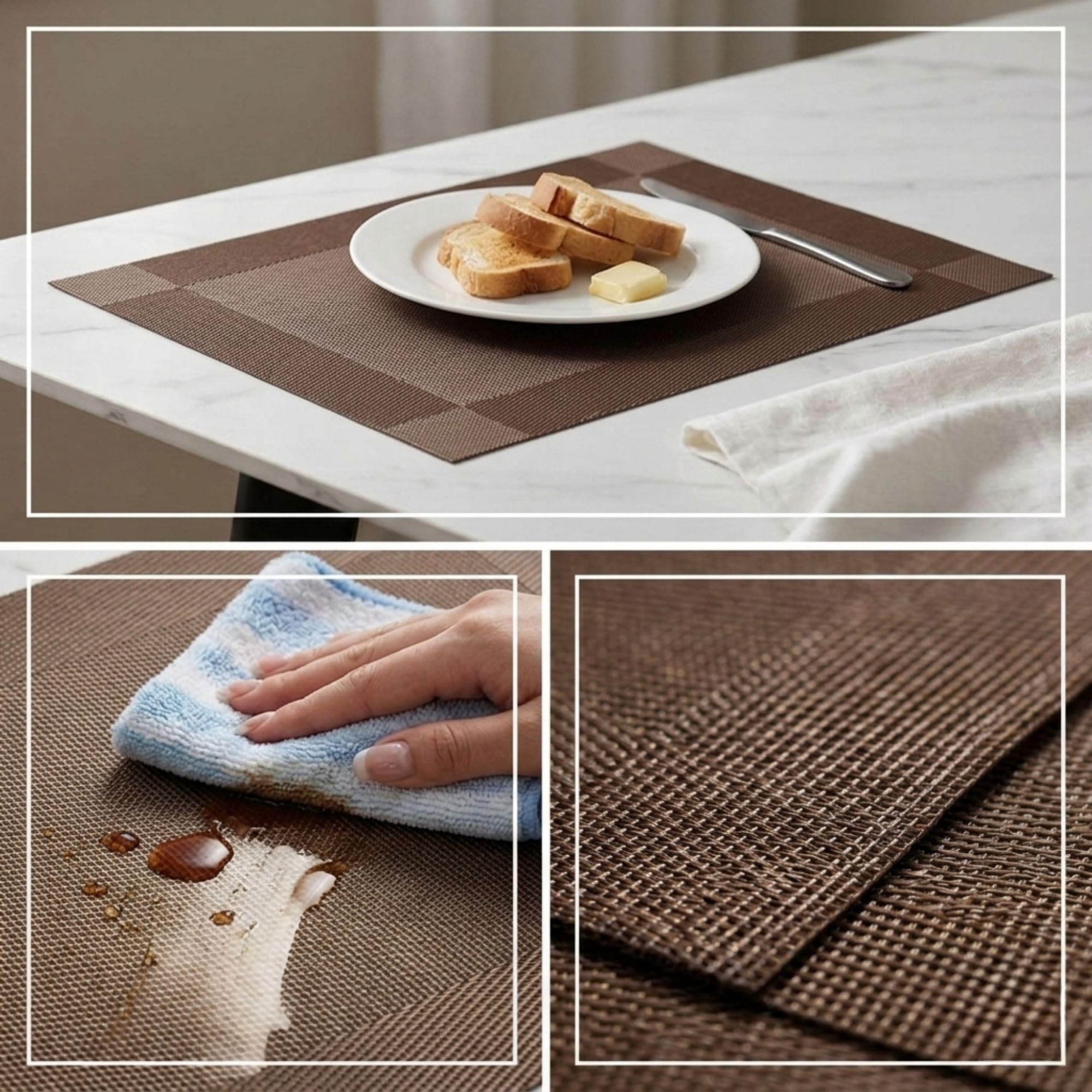 Ramkuwar Home Restaurant Use Heat Resistant Woven Decorative PVC Placemats Set of 6 Non-Slip Washable Vinyl Dining Table Mats for Kitchen, Coffee Table and Dining Room (Brown) 2