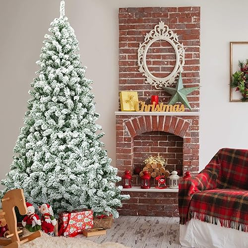 Miniatura 9 de GOFLAME Árbol de Navidad preiluminado de 7 pies, árbol de Navidad artificial flocado con 1328 puntas de ramas de polietileno y PVC, 450 luces LED