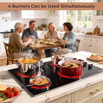 Electric Cooktop 29.13 Inch - 4 Burner Built-in(29.13x19.3) Electrical Stovetop 7400W, 30 Inch Radiant Electric Stove with Glass Protection Metal Frame, Auto Shut Off, 220-240V Hard Wired