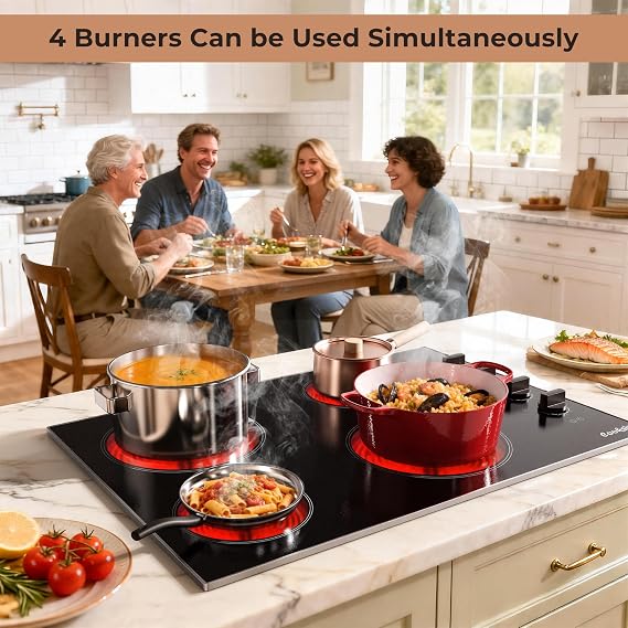 Electric Cooktop 29.13 Inch - 4 Burner Built-in(29.13x19.3) Electrical Stovetop 7400W, 30 Inch Radiant Electric Stove with Glass Protection Metal Frame, Auto Shut Off, 220-240V Hard Wired