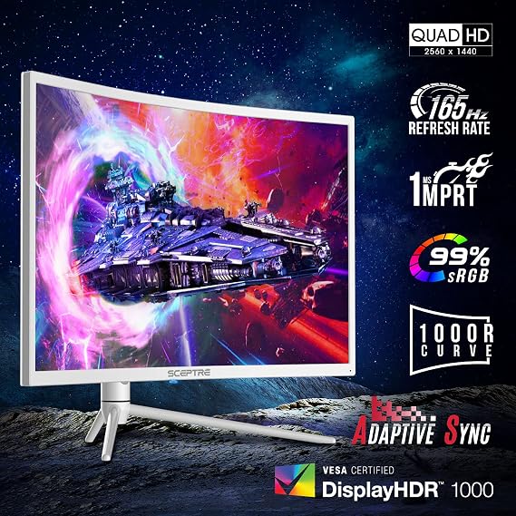 Sceptre 27 Curved Nebula White QHD 2K Monitor 2560 x 1440p up to 165Hz 1ms HDR1000 99% sRGB Ambient Light Sensor Luminous Backcover Lights Height Adjustable Build-in Speakers C275B-QWN168W