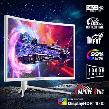 Sceptre 27 Curved Nebula White QHD 2K Monitor 2560 x 1440p up to 165Hz 1ms HDR1000 99% sRGB Ambient Light Sensor Luminous Backcover Lights Height Adjustable Build-in Speakers C275B-QWN168W