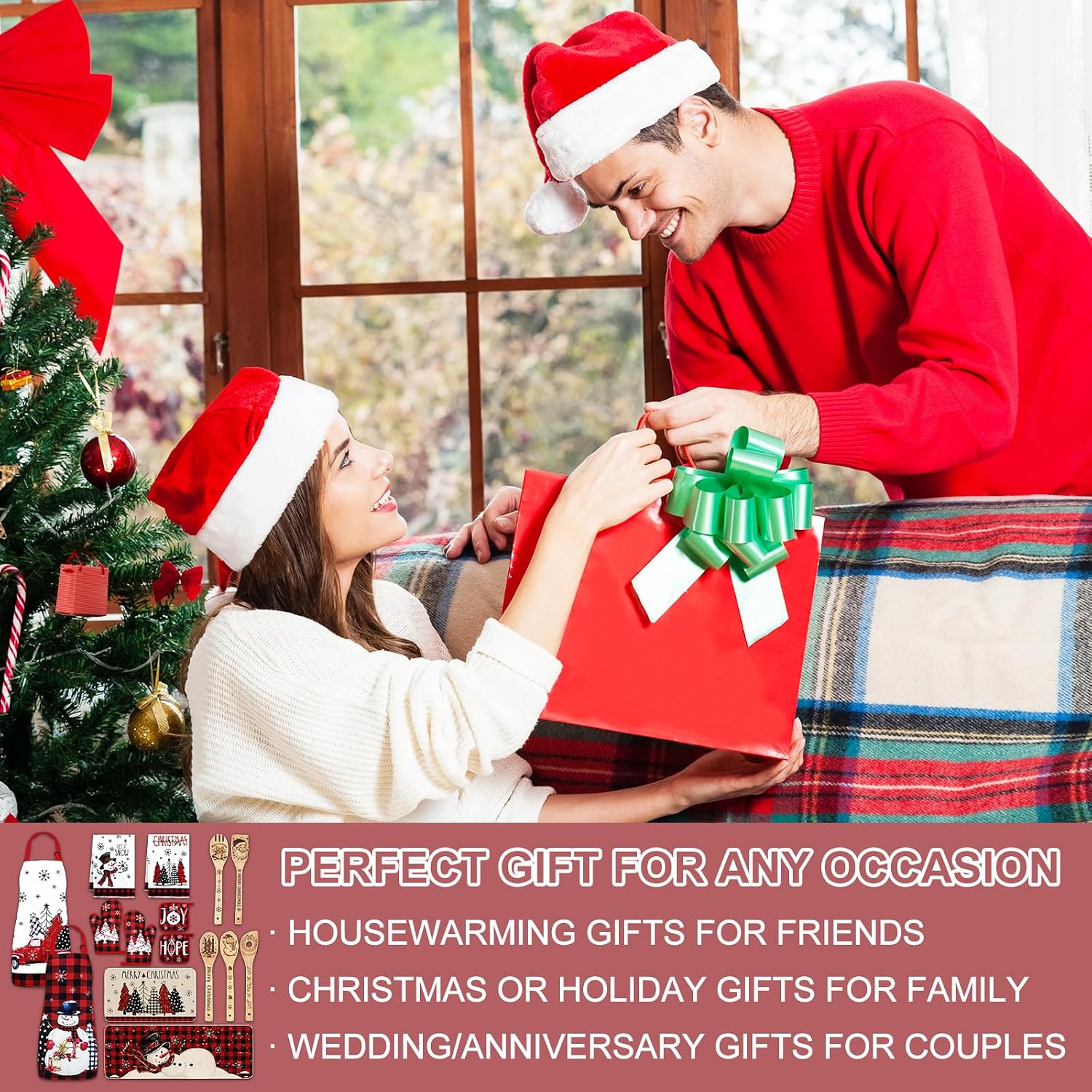 Whaline 15Pcs Christmas Kitchen Accessories Set Buffalo Plaid Snowman Xmas Tree Aprons Dish Towels Kitchen Rugs Wooden Spoons Oven Mitts Pot Holders for Home Housewarming Party Favors Gifts