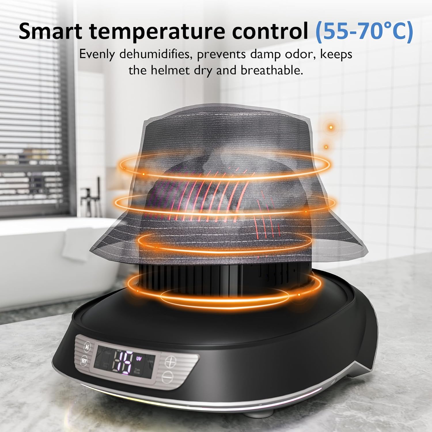 A hat being dried inside the machine, illustrating smart temperature control between 55-70°C for effective dehumidification and odor prevention.