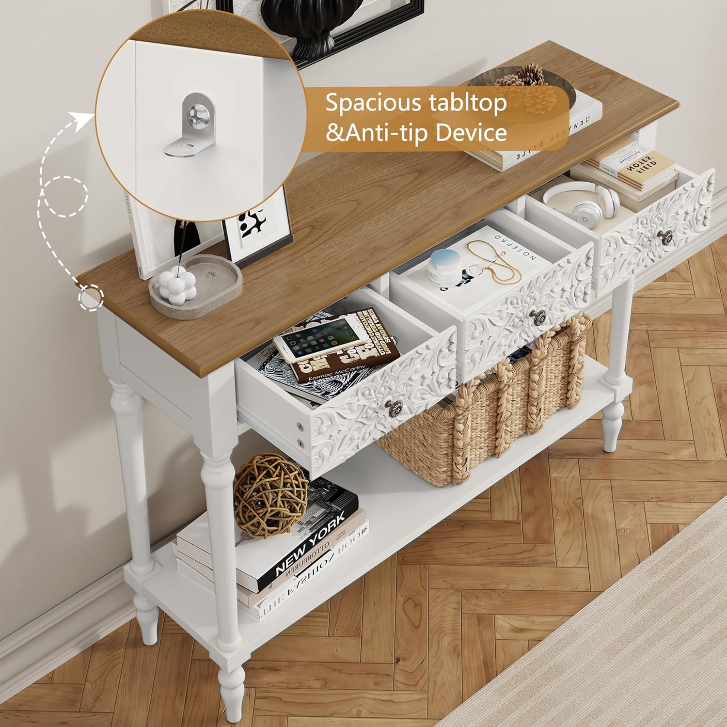 3More Entryway Console Table with 3 Drawers,42" Carved Hallway Table with Open Shelf,Long Sofa Table for Living Room, Hallway, Behind Couch,White