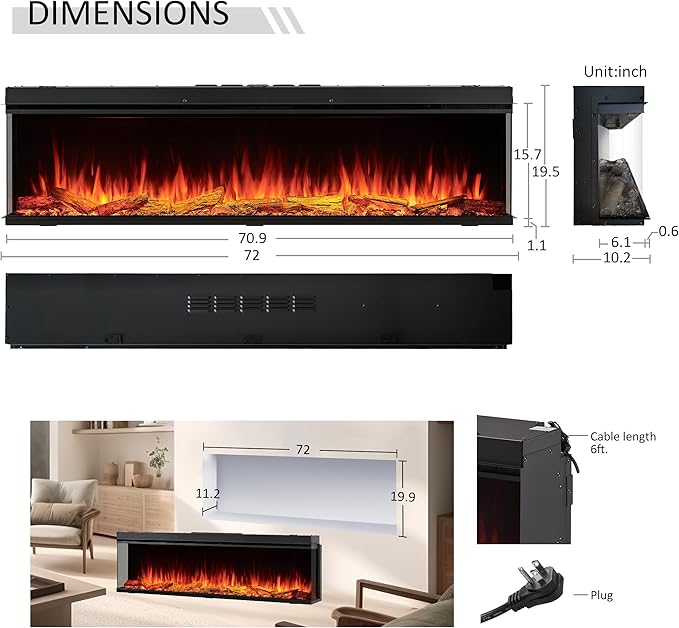 Chimenea Eléctrica Empotrable LegendFlame 71" Smart, 750W/1500W, Control Remoto miniatura 3