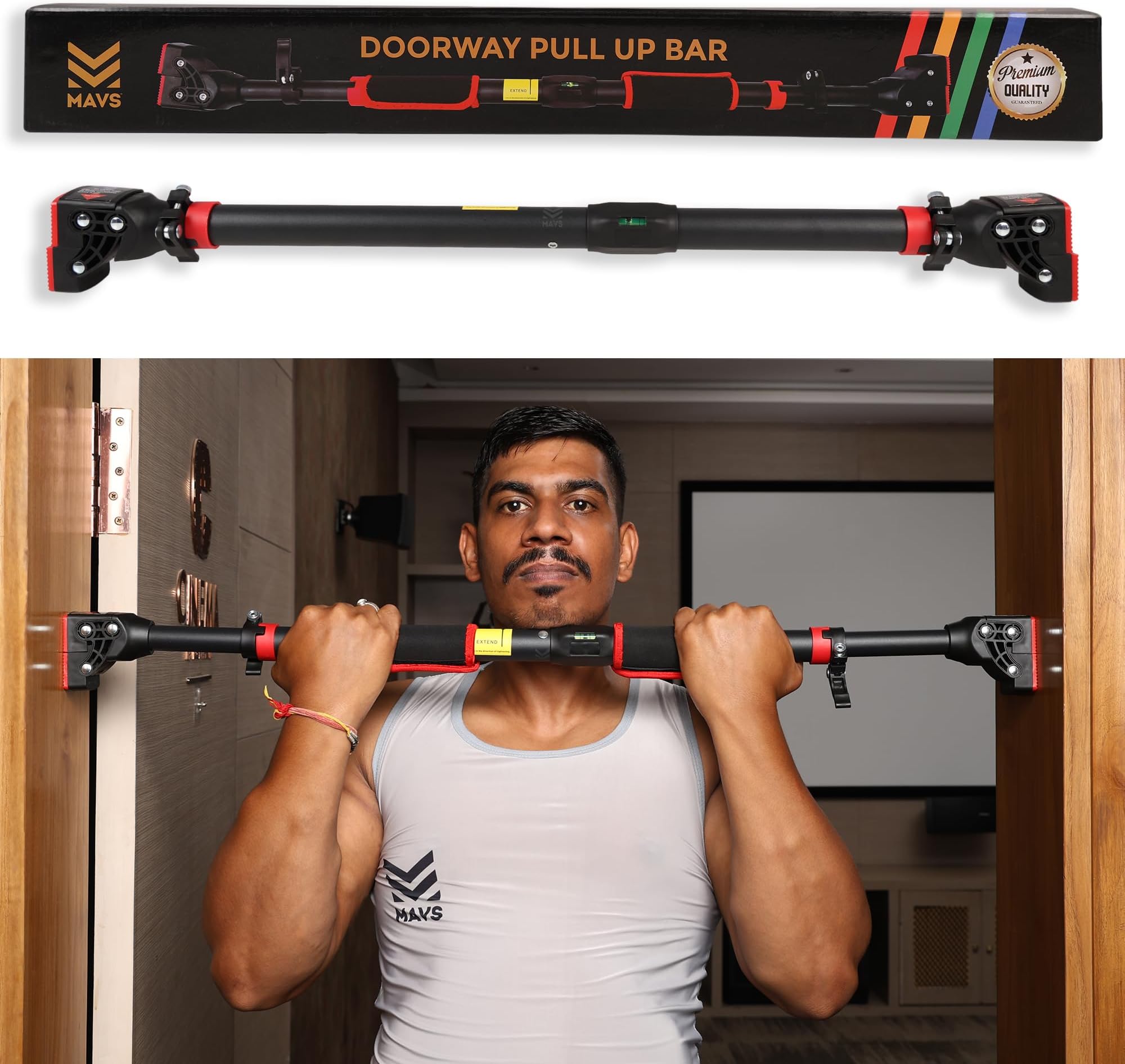 MAVS Doorway Pull Up Bar, No Screw Installation, Adjustable, Home Gym Workout