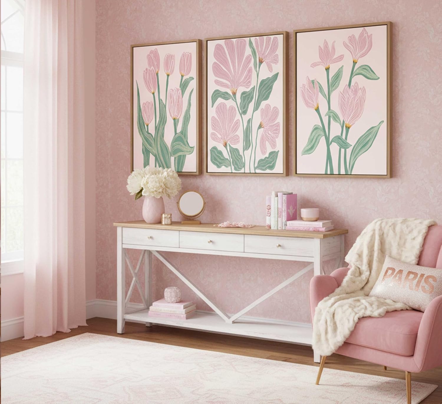 Framed 3 Pcs Pink Tulips Flowers Canvas Wall Art Boho Pink and Green Abstract Floral Botanical Paintings Pictures Wall Decor Poster Print Artwork for Living Room Bedroom Home Decoration