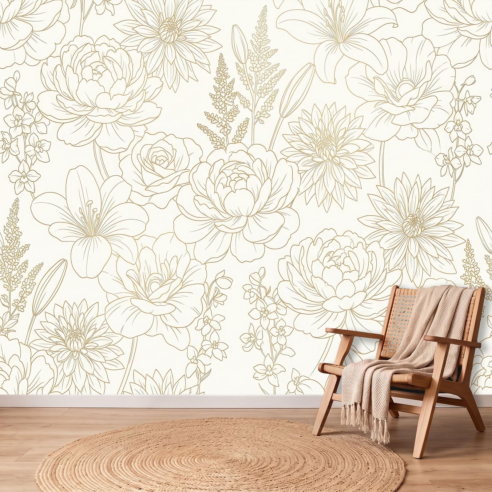 Fototapeta minimalistyczna, sztuka liniowa, ręcznie rysowana, piwonie, róże, kwiaty, włóknina, efekt 3D, włóknina, nowoczesna tapeta ścienna, do salonu, sypialni, pokoju dziecięcego, dekoracja ścienna