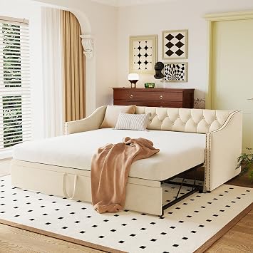 Twin Size Upholstered Daybed with Pop Up Trundle, Velvet Daybed Sofa Bed with Nailhead Armrests for Bedroom Guest Room Living Room, No Box Spring Needed Beige-52