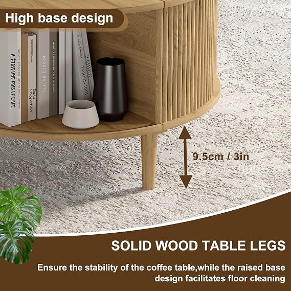 Round Coffee Table with Storage,Modern Folding Table,Fluted Center Table with Sliding Cabinet Door,31.5