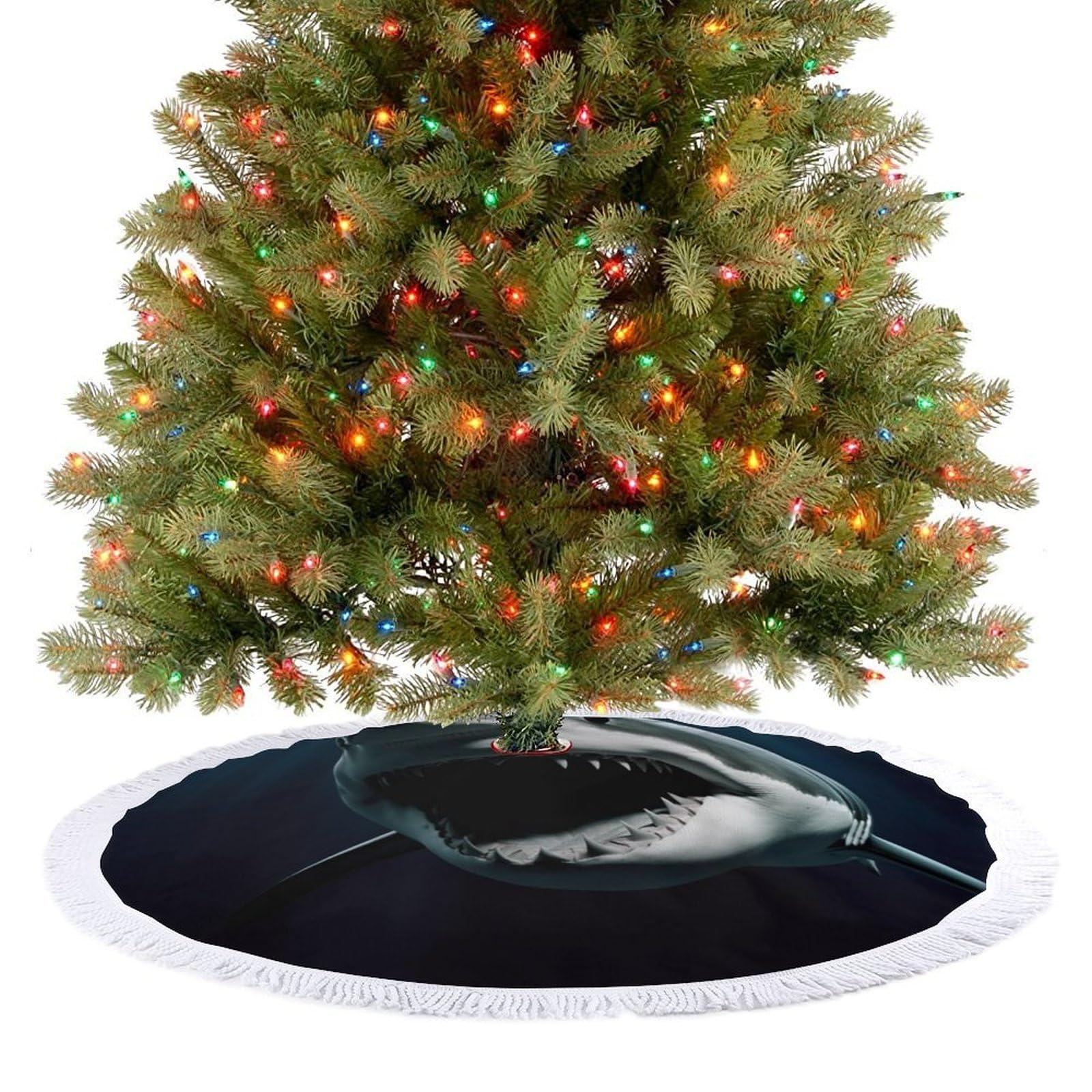 Shark Christmas Tree Skirt 48"x48" Rustic Xmas Tree Mat with Tassel Ornament Christmas Trees Cover Skirt Mat for Evergreen Trees Ornament Winter Holiday Mats Decorations
