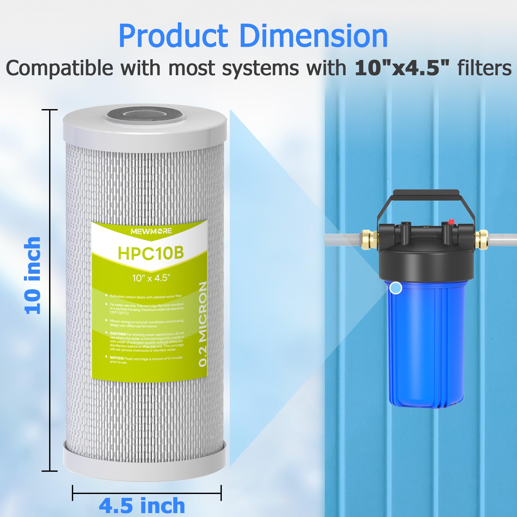 Filtro de agua de 0.2 micras de 10 x 4.5 pulgadas con poliéster plisado y filtro de agua compuesto de bloque de carbón activado, compatible con HHB10 y carcasas grandes de 10 pulgadas para