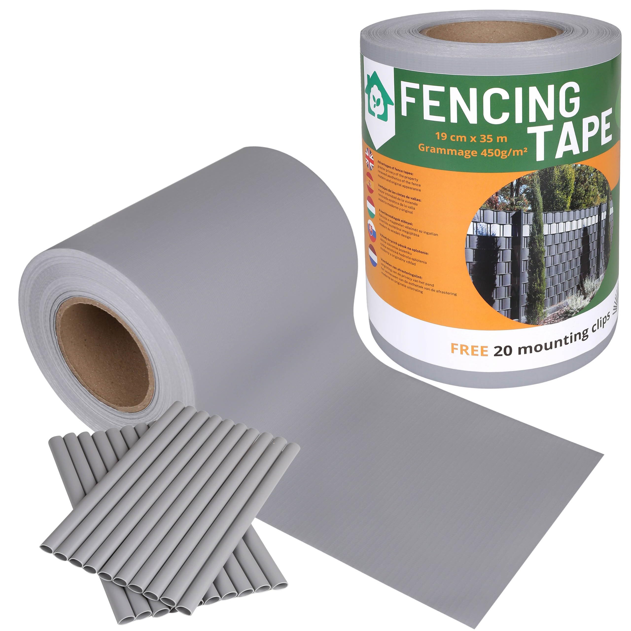 Garden Fence Stripe I Fencing Tape, Shading, Panel Cover for Deck, Patio, Balcony I Privacy Fence Screen I UV Resistant Sunscreen Cover 35m 450g/m2 + 20 mounting Clips (Grey, 19 cm)