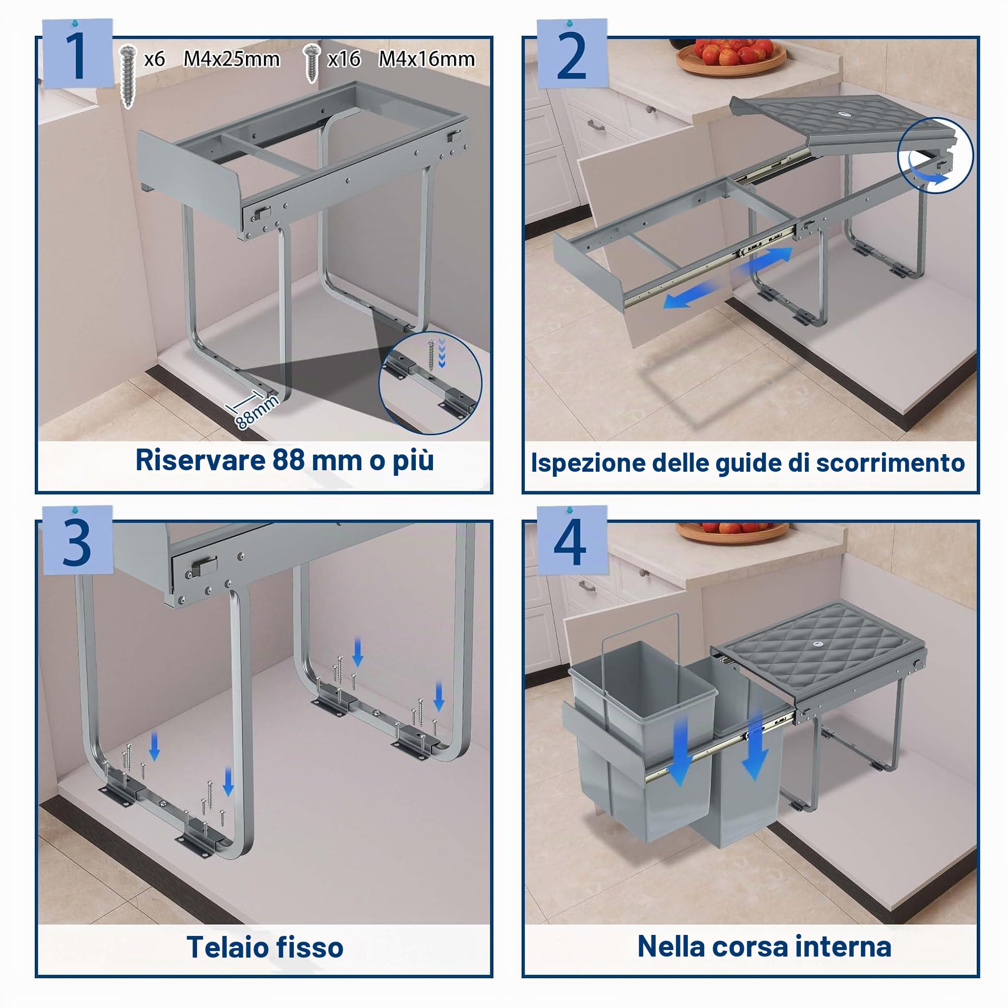 YUENFONG - Pattumiera da incasso a 2 scomparti, 2x15 litri, con guide telescopiche, sistema di raccolta differenziata, pattumiera con cassetto estraibile, 48 x 34,2 x 35,1 cm