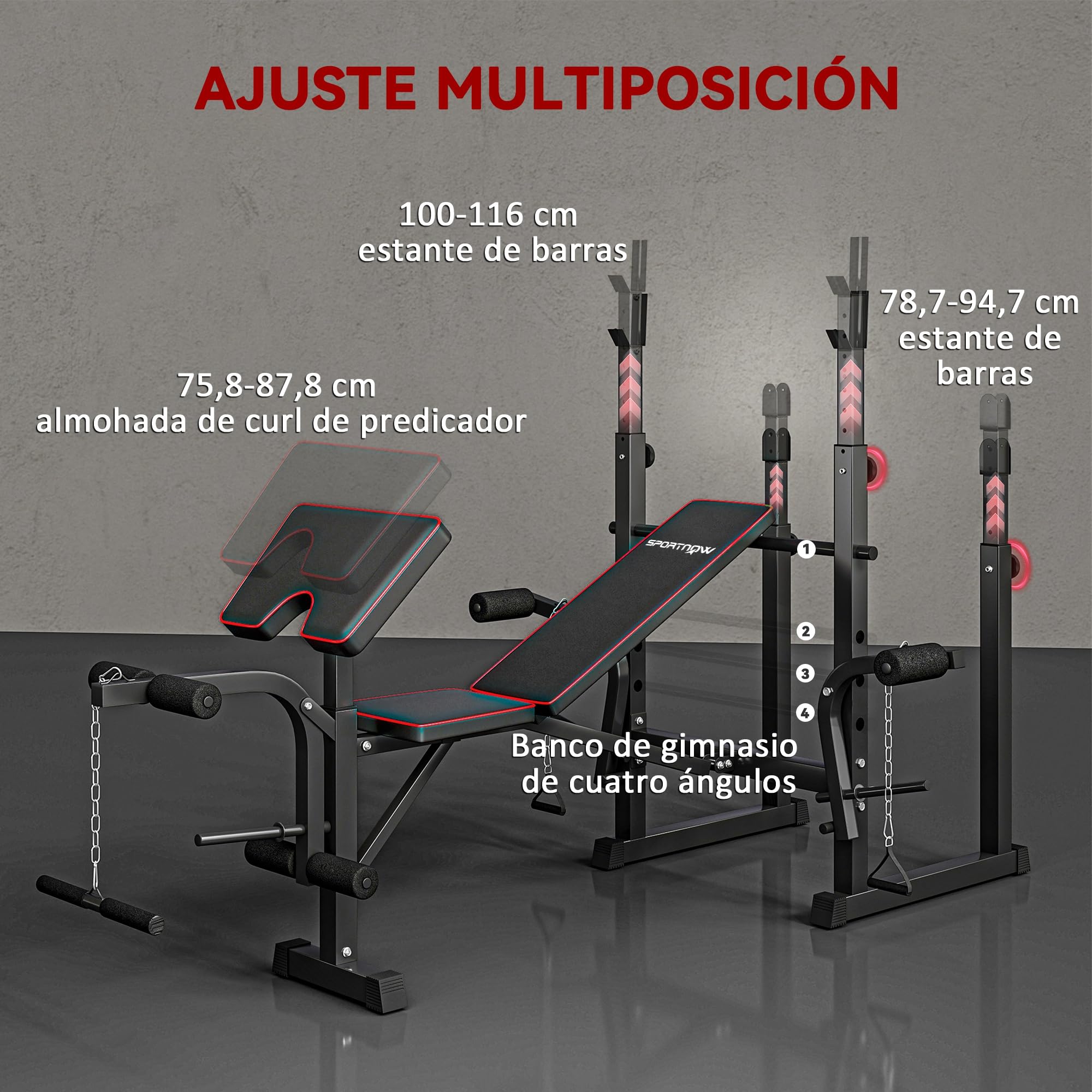SPORTNOW Banco de Musculación Multifuncional Respaldo Ajustable Negro | Banco de Pesas Multifuncional, Press Banca, Soportes para Barra Regulables, Entrenamiento de Cuerpo, Casa, Gimnasio