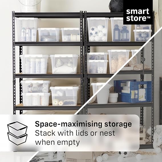 SmartStore - 4x Plastic Storage Box with Lid Classic 8L (34x25x16cm) |Plastic Storage Drawers with Lid|Food-Safe Material|Kitchen & Organisation|Durable Container for Home & Office|