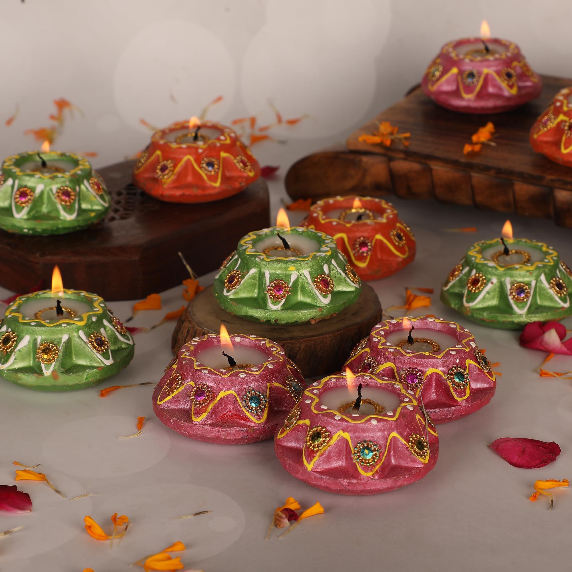 12 Piece Handmade Terracotta Clay Matki Wax Filled Diyas for Diwali Décor
