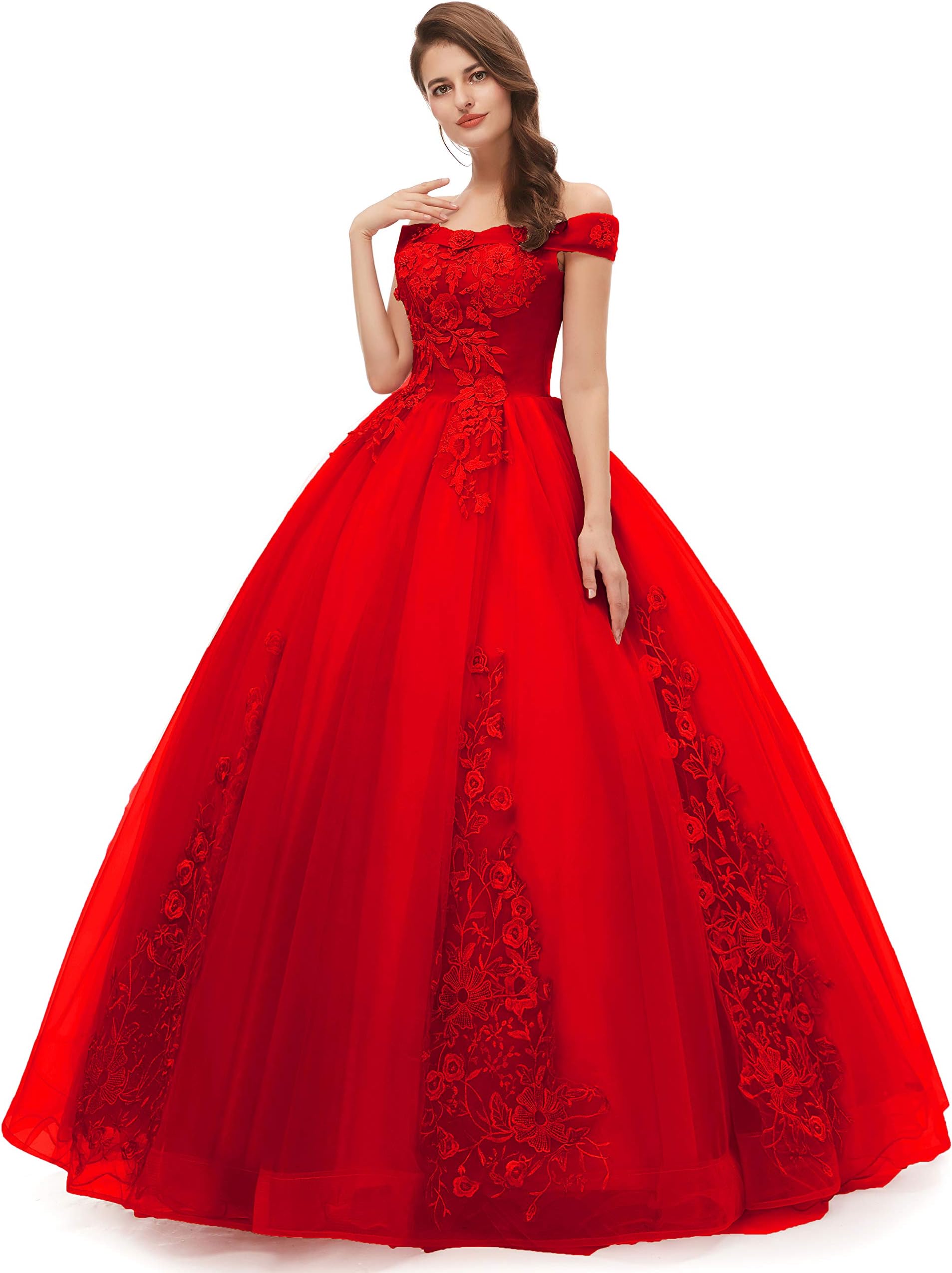 Okaybrial Women's Sweet 16 Quinceanera Dresses Off Shoulder Lace Long Prom Ball Gowns