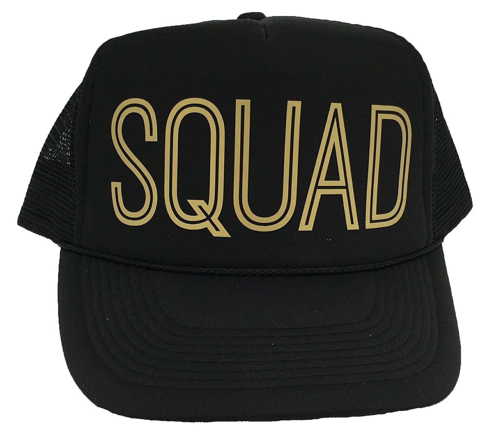 Bachelorette Party Bride Squad Mesh Trucker Snap Back Hat (Solid Black Hat, Metallic Gold Squad)