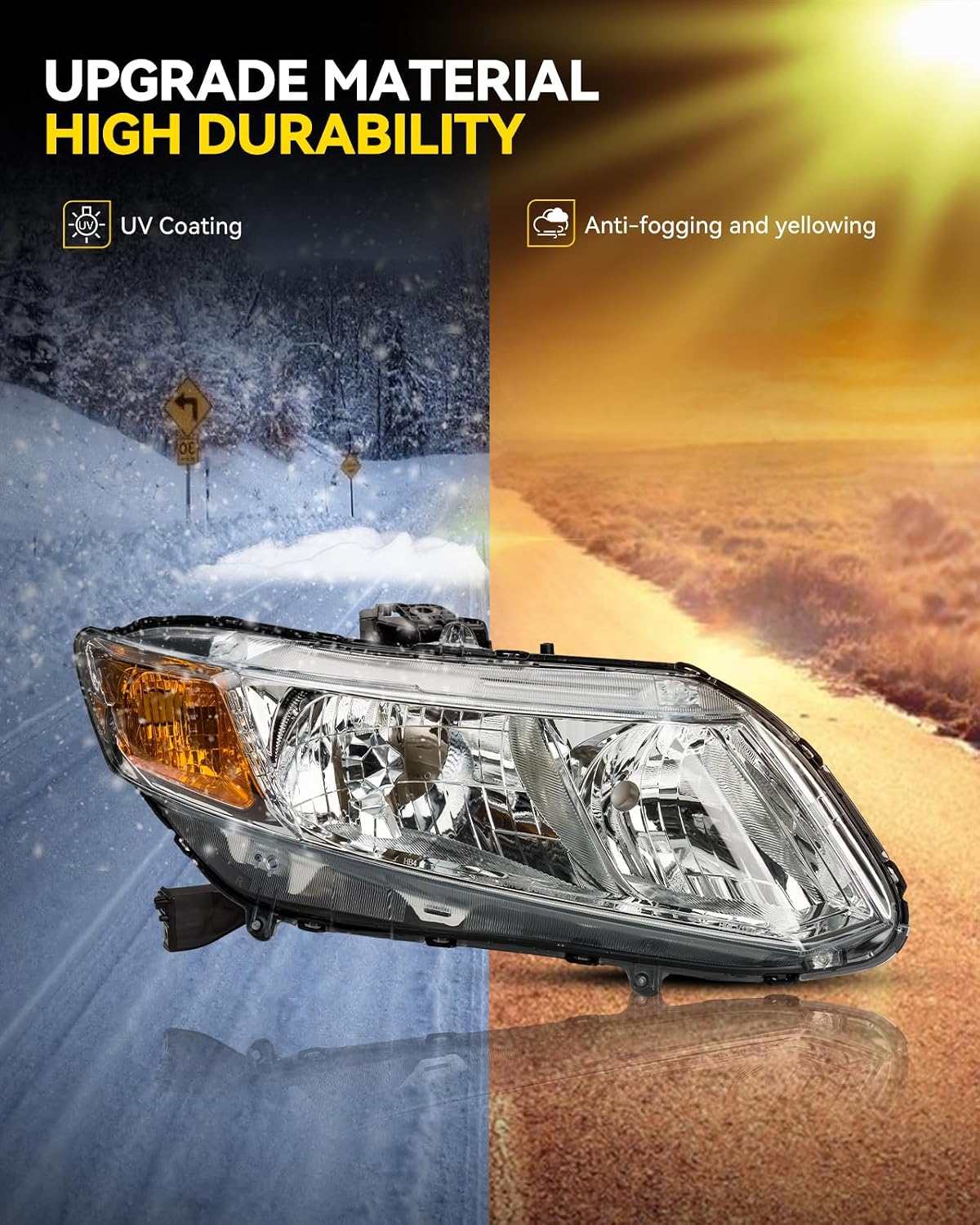 PHILTOP Headlights Assembly Compatible with Honda Civic 2012 2013 2014 2015,Honda Civic Sedan 2014 2015,Clear Lens Chrome Housing Amber Reflector,Left+Right Pair