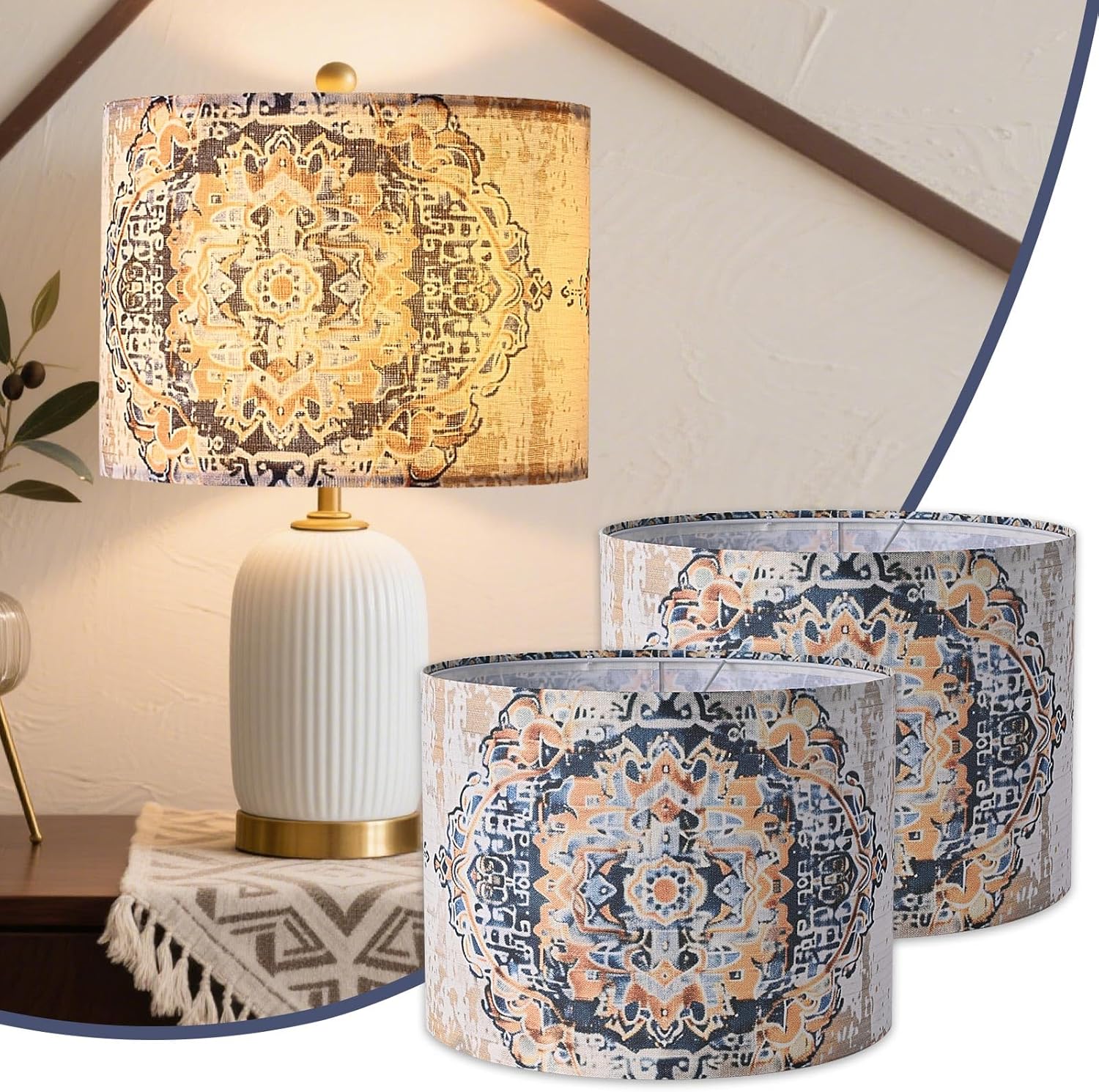 Fabric Round Drum Lamp Shades, 13x13x10in Moroccan Trellis Lamp Shades, Boho Lampshade Fit Spider and Uno, Farmhouse Lamp Shades Set of 2 for floor lamps, Rustic Lamp Shade for Table Lamps