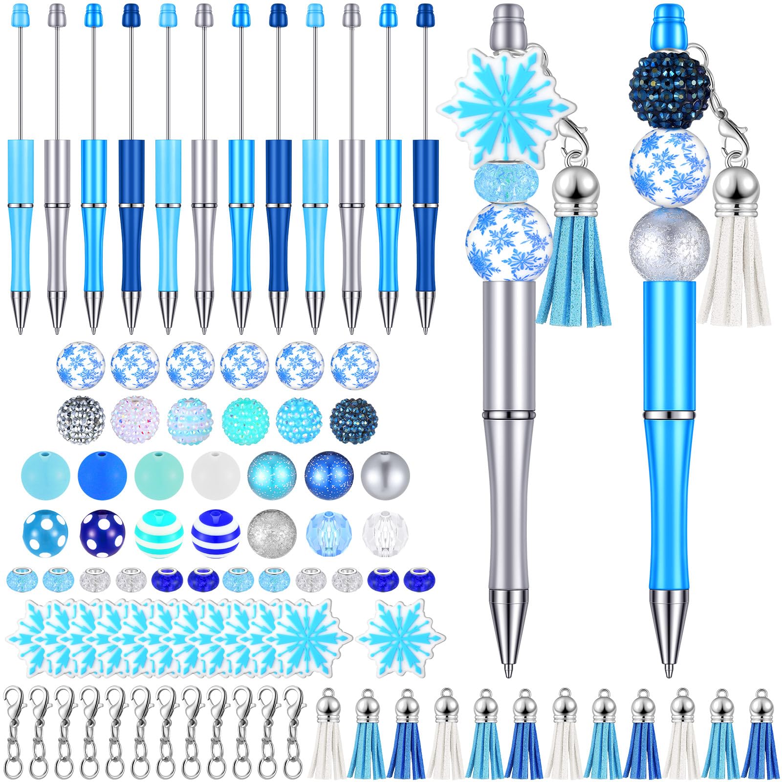Jutom 12 Pcs Winter Beadable Pens Kits Include 50 Pcs Colorful Beads Tassels Snowflake Pendants Assorted Focal Bead Bulk DIY Plastic Ballpoint Making