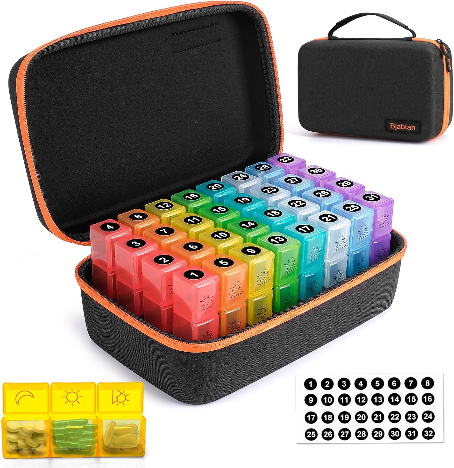 Monthly Pill Organizer 3 Times a Day, Small 30 Day Month Pill Box Organizer with Travel Case, Monthly Medicine Organizer with 32 Daily Compartments for Vitamin, Fish Oil and Supplements