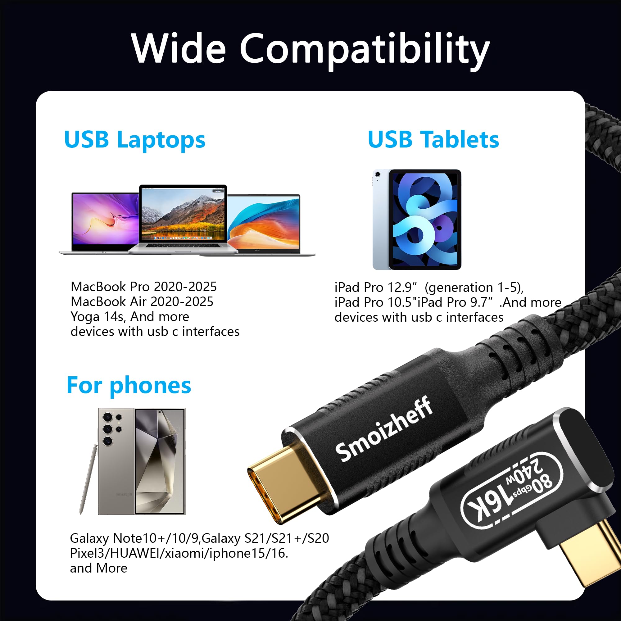 USB-C-Kabel, 1 m, 90 Grad rechtwinklig, USB 5.0-Kabel, 80 Gbit/s Datenübertragung, 240 W PD3.1 Ladekabel, 16 K/Dual 8K Video, Thunderbolt 5/4/3 USB4 kompatibel, für Laptop, Tablet, Gaming-Dock