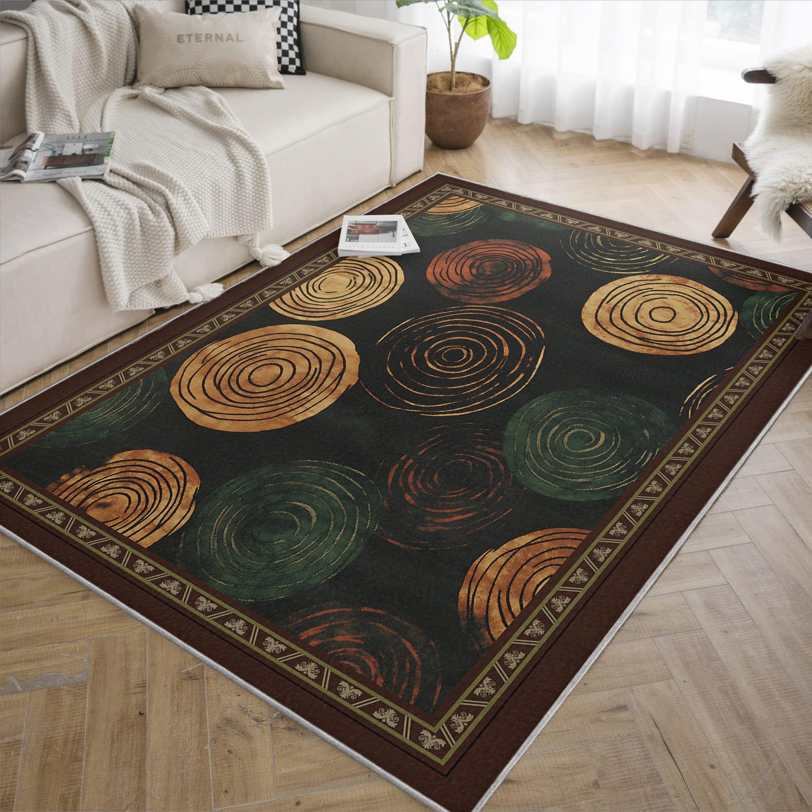 Drzewo Pierścień Dywan 200 x 280 cm Wielobarwne Koncentryczne felgi Brązowe Krawędzie Antypoślizgowy Dywan Do Salonu Sypialni Biuro Niski Włos Zmywalny