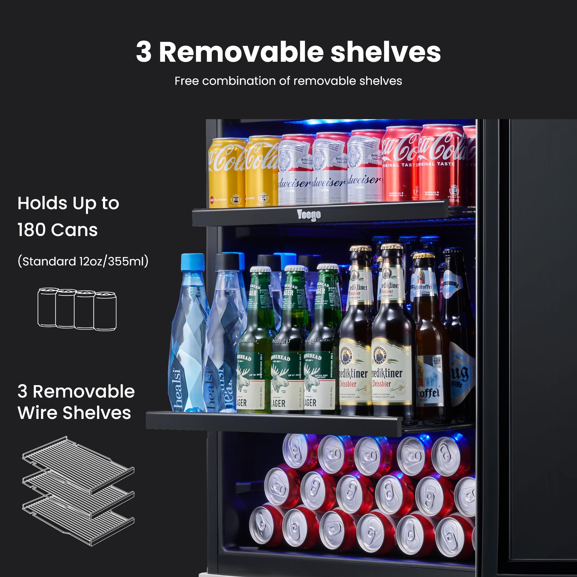 YEEGO 24 Inch Beverage Refrigerator – 180 Can Built-In Under Counter Drink Fridge With Glass Door, 34–54°F Cooling For Beer, Soda & Wine (Right-Hinged) on Fridge.com - View 4