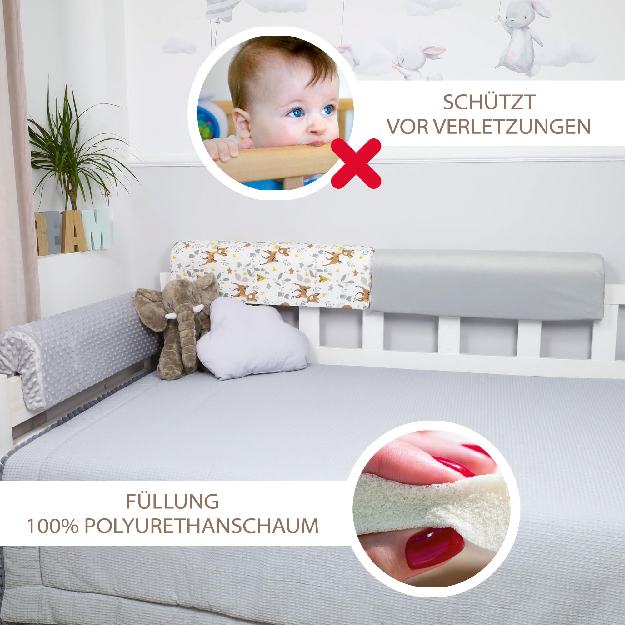 Bettkantenschutz für Kinderbetten 70 cm - Schutz für Bettrahmen Kantenschutz Kinder Babybett Baumwolle Hirsch