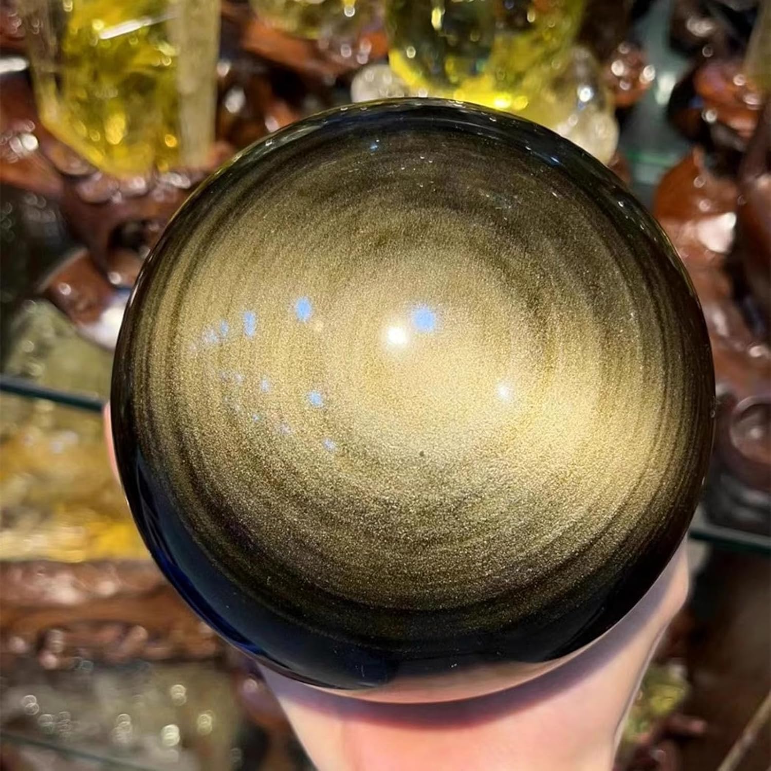 Gold Obsidian Crystal Sphere Quartz Crystal Ball Ornaments Feng Shui Obsidian Stone for Witchcraft Scrying Home Decoration,3.14"(8cm)