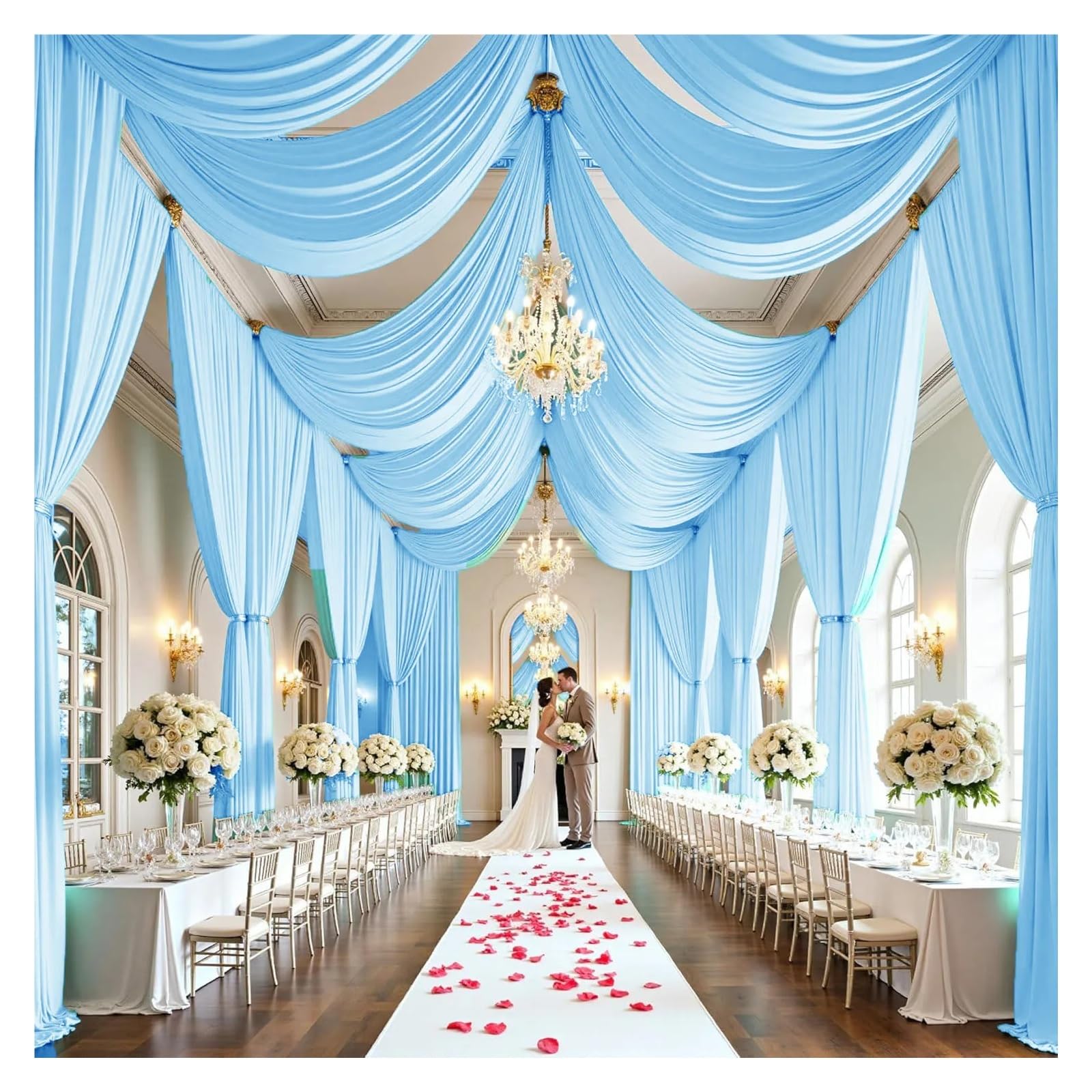 DeckenvorhäNge FüR Hochzeitsfeiern Faltenfreie Deckenvorhänge for Hochzeitsfeiern, Polyester-Drapierstoff-Vorhänge for Zeltüberdachung, Hotel-Bankettsaal-Deckendekoration(Sky blue,1 panel 75X1000cm)