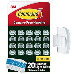 Command Outdoor Light Clips, 20 Clear Clips and 24 Command Strips, Damage Free Hanging Outdoor Light Clips with Weather Resistant Strips, Wall Clips for Hanging Outdoor Lights and Cable Management