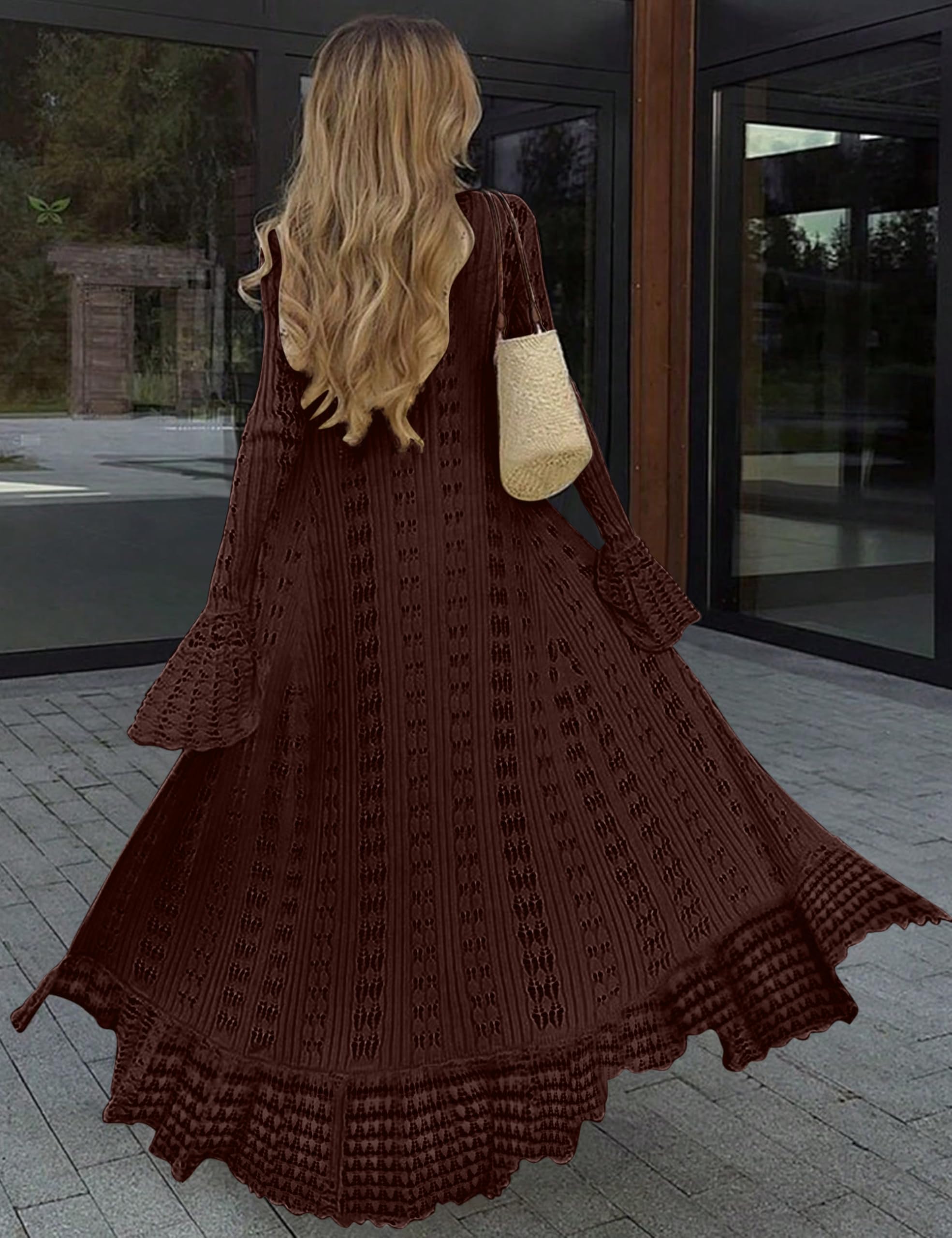 Cardigan pour femme, tendance, léger, en crochet, long plumeau, boutonné, cloche, manches longues, robe longue à volants en tricot