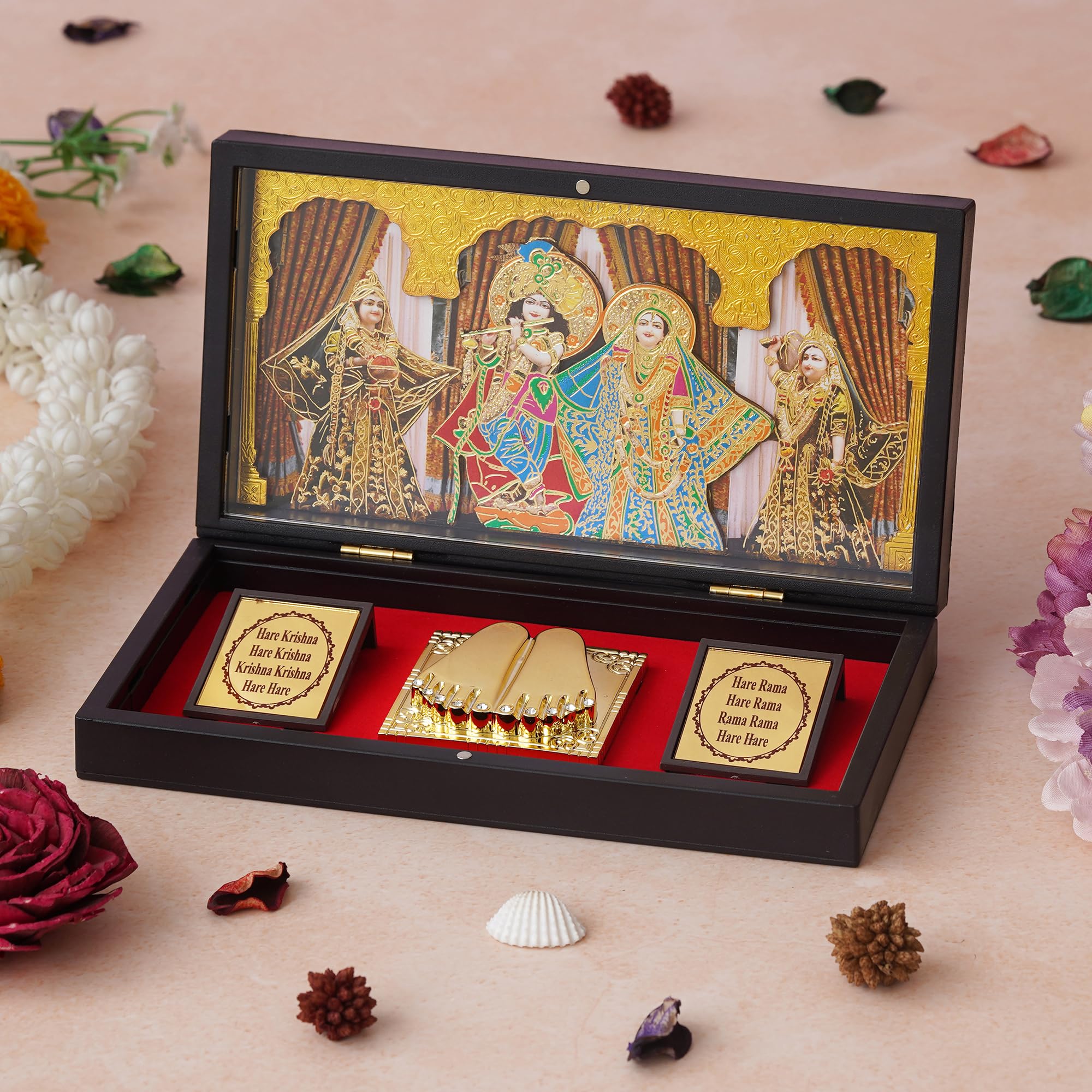 24K Gold Plated Religious Frame Photo Frame with Charan Paduka Return Gifts for Home Puja Office (RADHA KRISHANA)