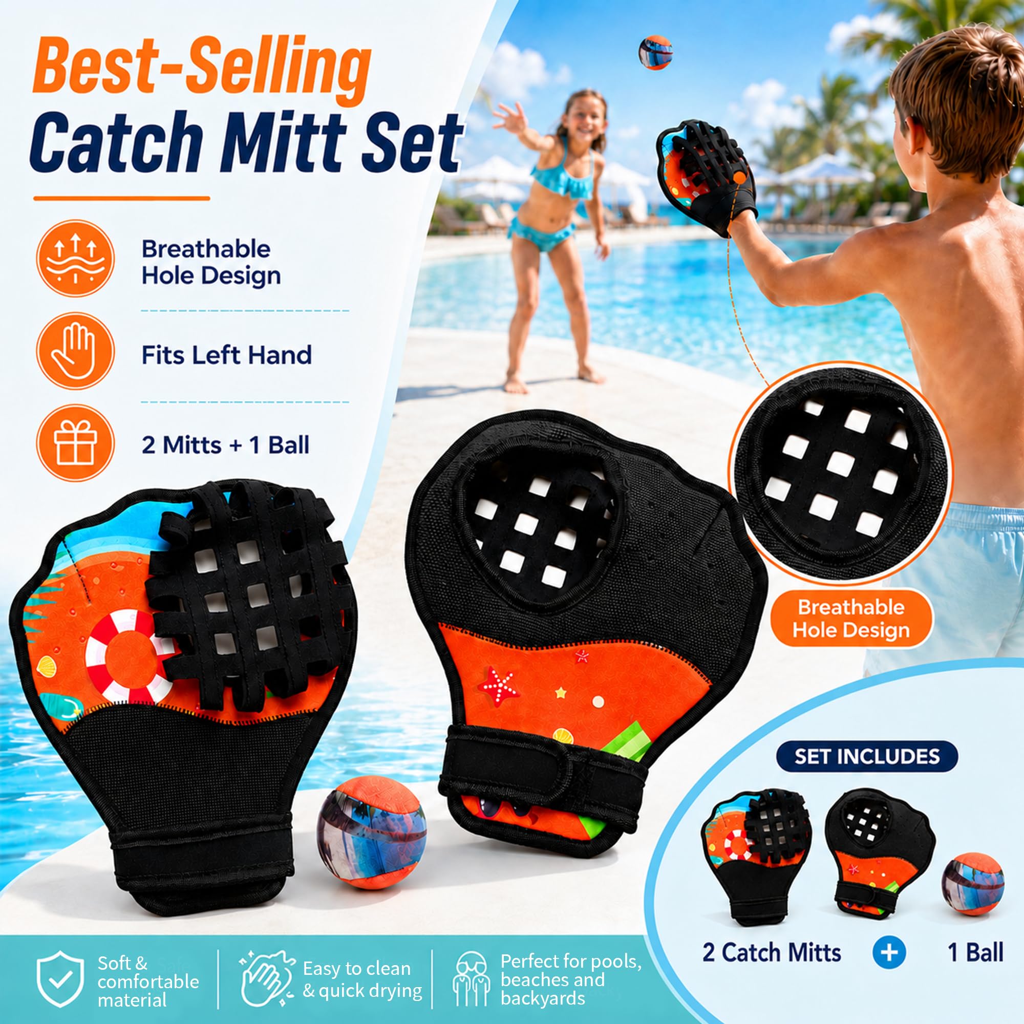 Water Bounce Ball Fanghandschuh-Set, schwimmendes Wurf- und Fang-Poolspiel mit 2 Fanghandschuhen und 1 Wasser-Bounce Ball, Strand und See Outdoor Sommer Familienspielzeug