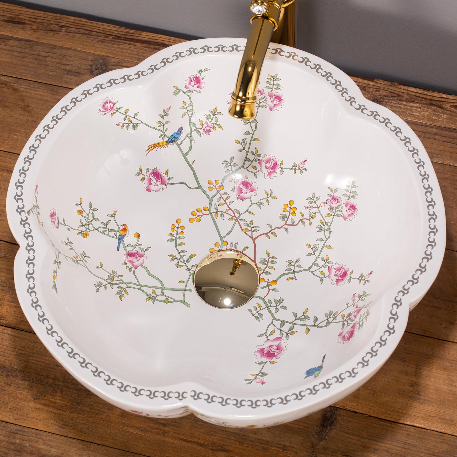 1 Juego completo de lavabo artístico de cerámica blanca con grifo dorado y desagüe; lavabos de porcelana para el cuarto de baño