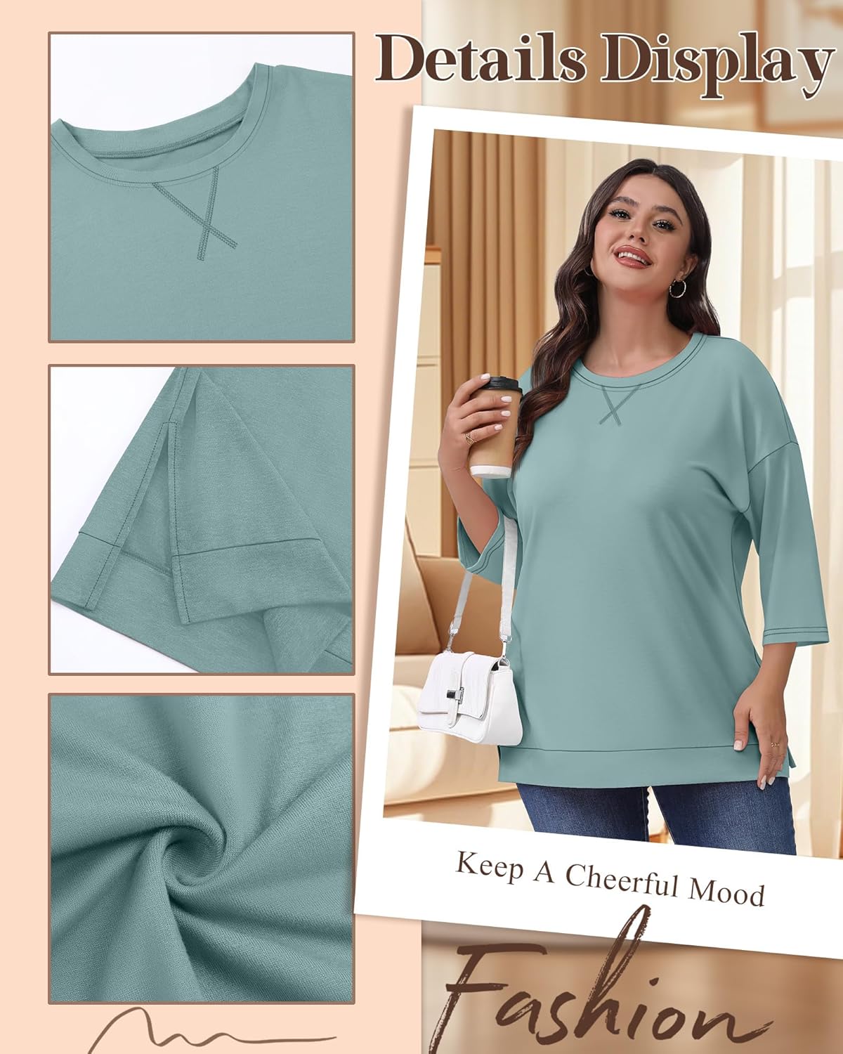 3 Pack Women's Plus Size 3/4 Sleeve Tops Side Slit Round Neck T-Shirt Loose Fit Casual Basic Tunic Tee - Image 5